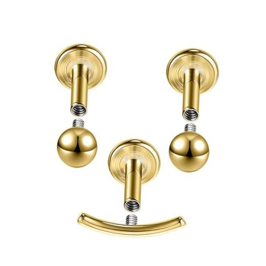  3Pcs G23 Titanium Labret Lip Stud, 16G Internally Threaded L:6mm SetA,Gold
