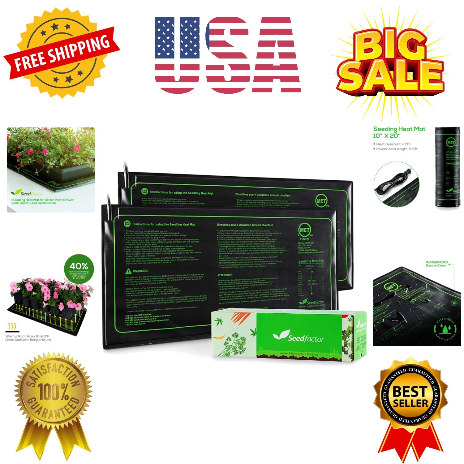 MET Certified 2 Pack Seedling Heat Mat, Waterproof Durable Germination Statio...