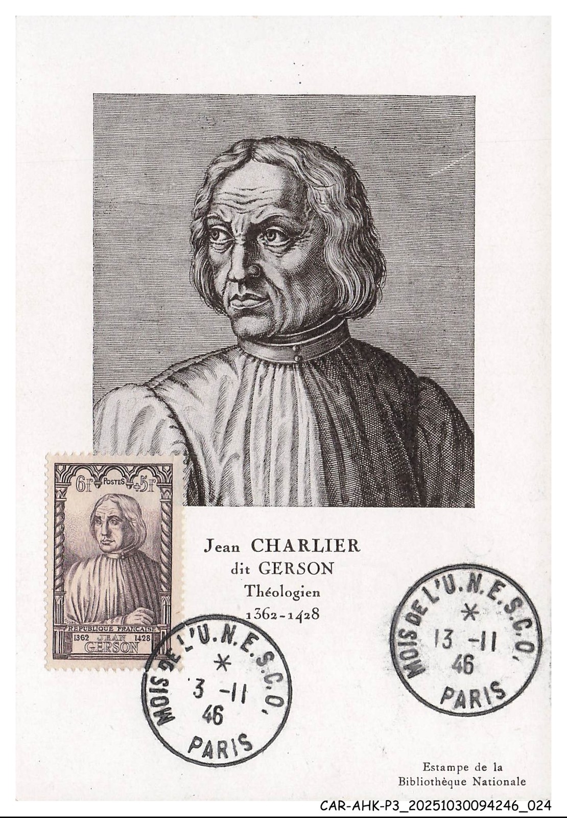 CAR-AHKP3-0177-MAXIMUM CARDS - Jean Charlier Said Gerson - Theologian - 1946