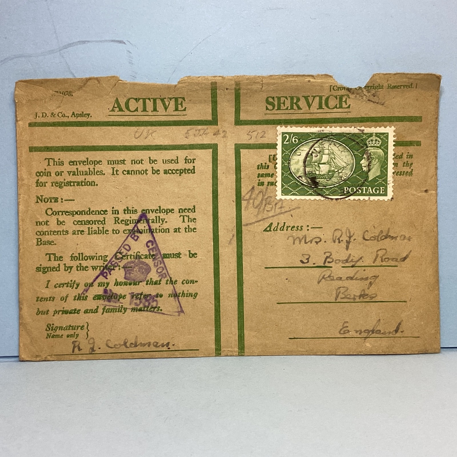 British Army Active Service Envelope Posted