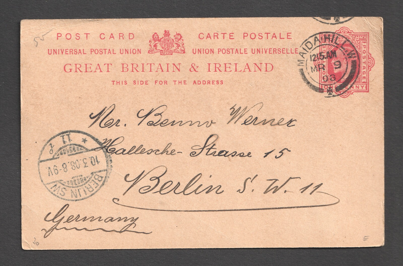KEVII 1d Postal Stationery Postcard Maida Hill Single Arc 1908 To Germany Berlin