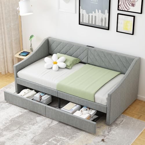 Twin Daybed with Upholstered Headboard and Charging Station, Daybed with Grey