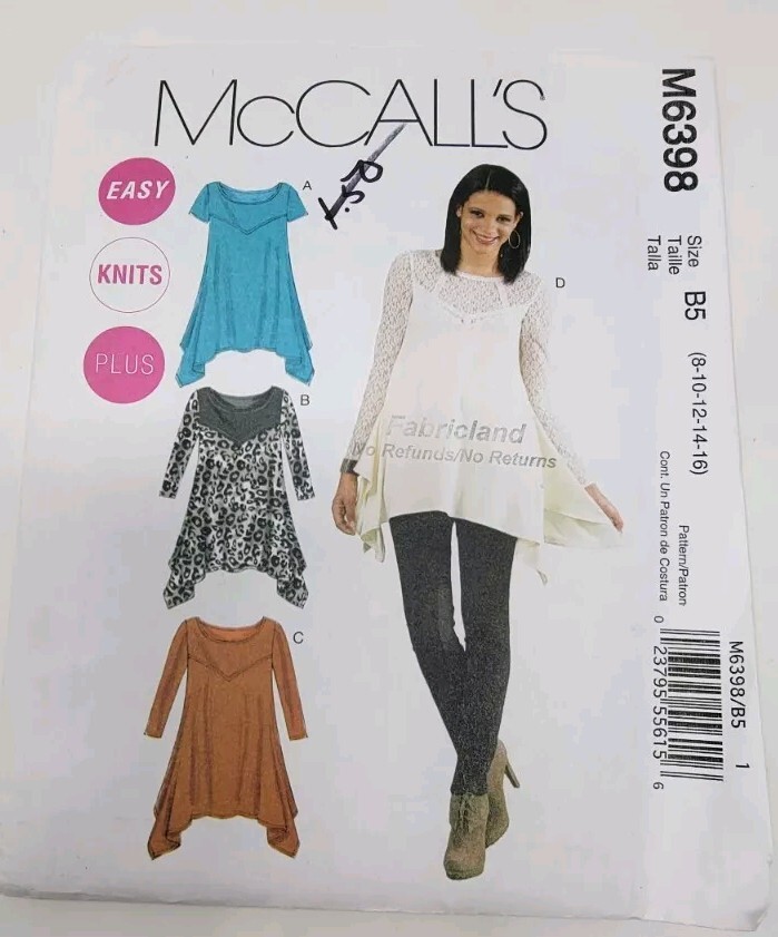 McCalls M6398 Misses Pullover TUNICS Sewing Pattern sz 8-16