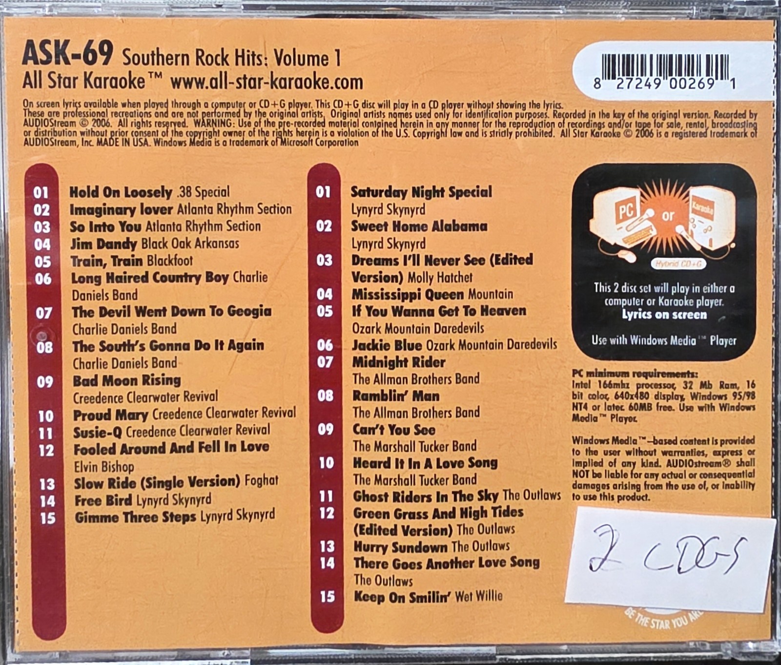 69 SOUTHERN ROCK    ASK  KARAOKE   CDGS LOT  LONG DRIVE