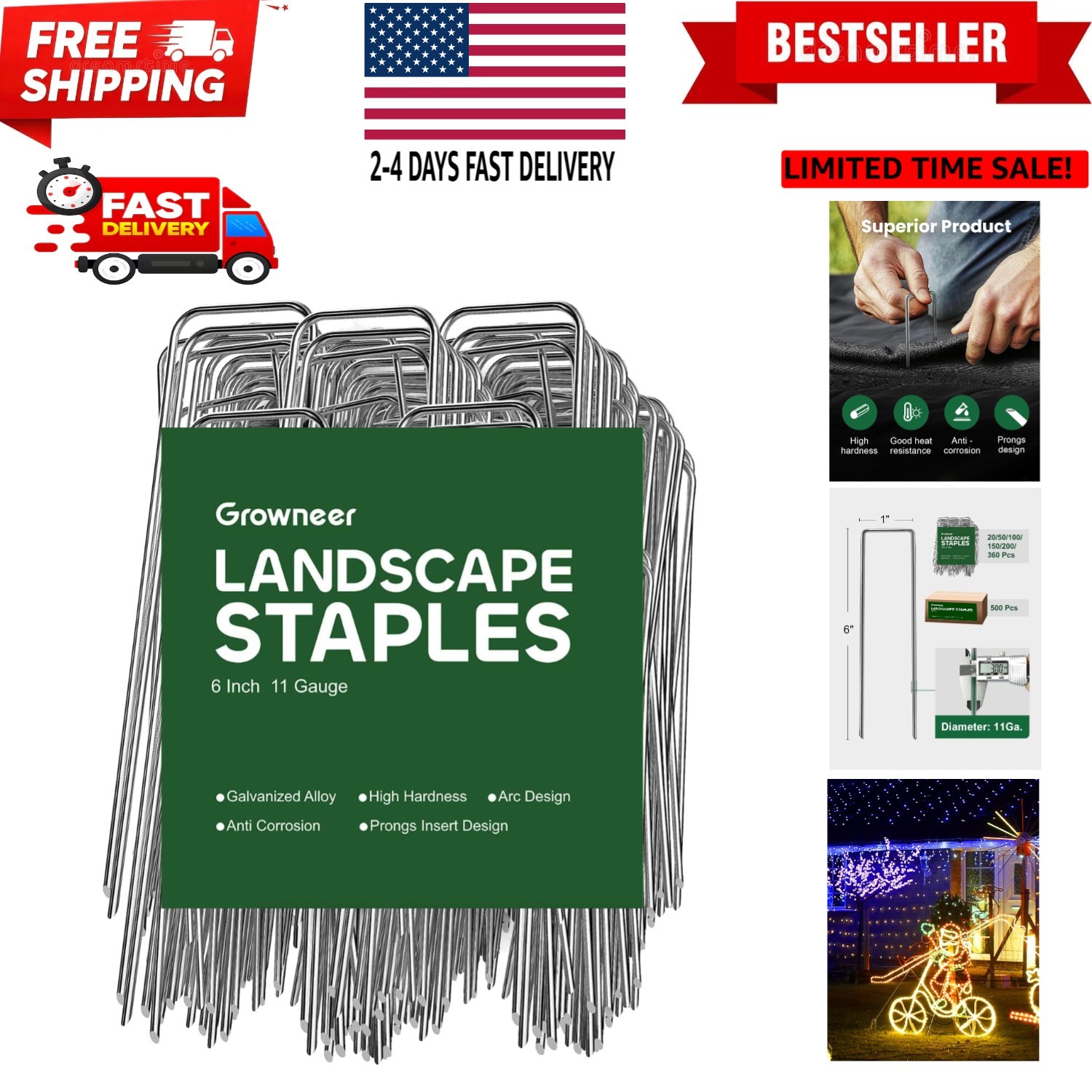 100 Pack Landscape Staples 6 Inch 11 Gauge Heavy Duty Hot-Dip Galvanized Stee...