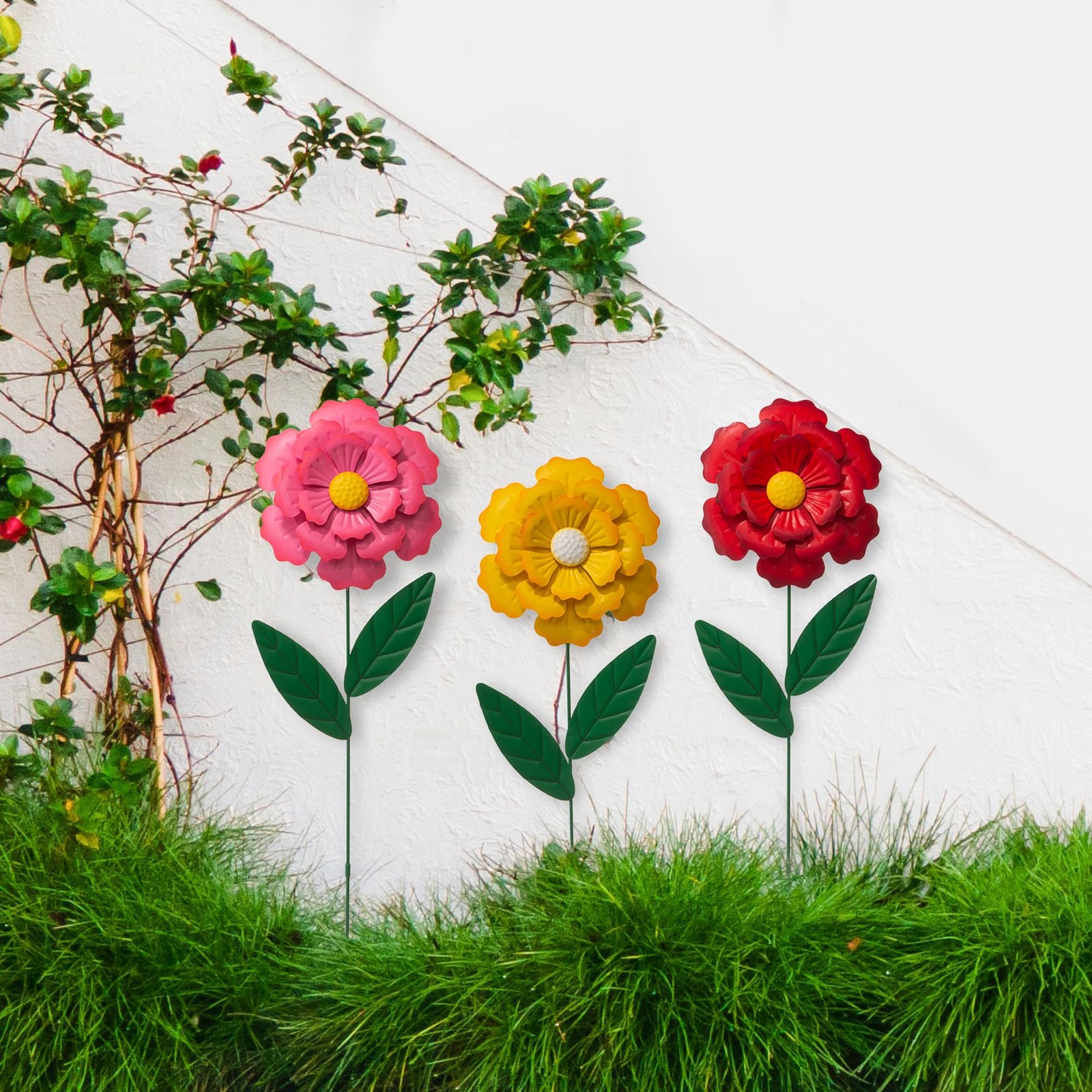 3 Set Metal Flower Yard Stake, 39.5" Summer Outdoor Garden Stake Decoration M...