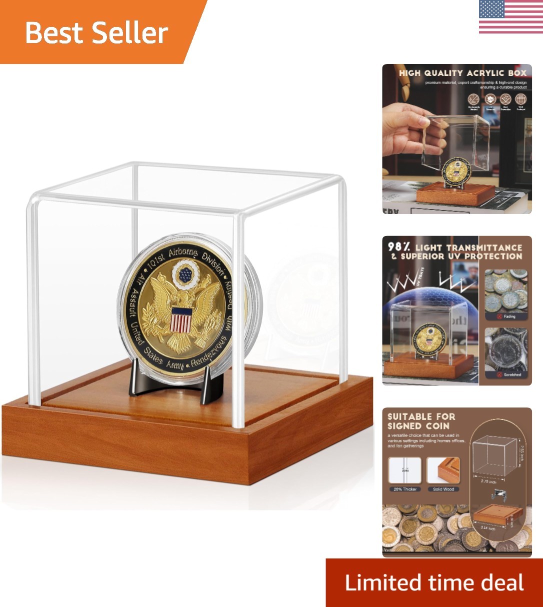 360-Degree Clear Coin Display Case with Stylish Wood Stand - Ideal for Souvenirs
