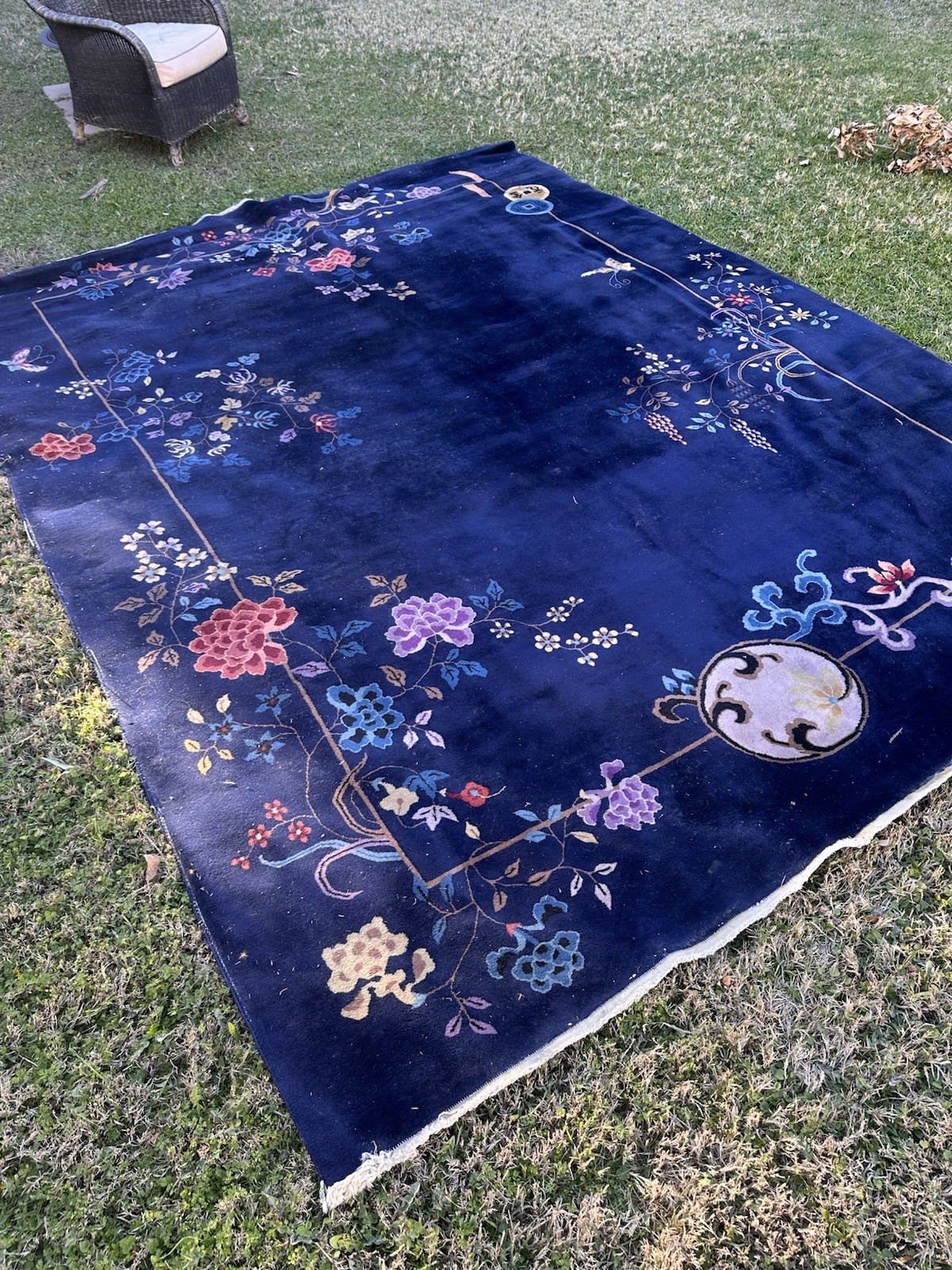 Antique 1920s Oriental Chinese Whimsy Art Deco Wool Area Carpet Rug Floral 9x12