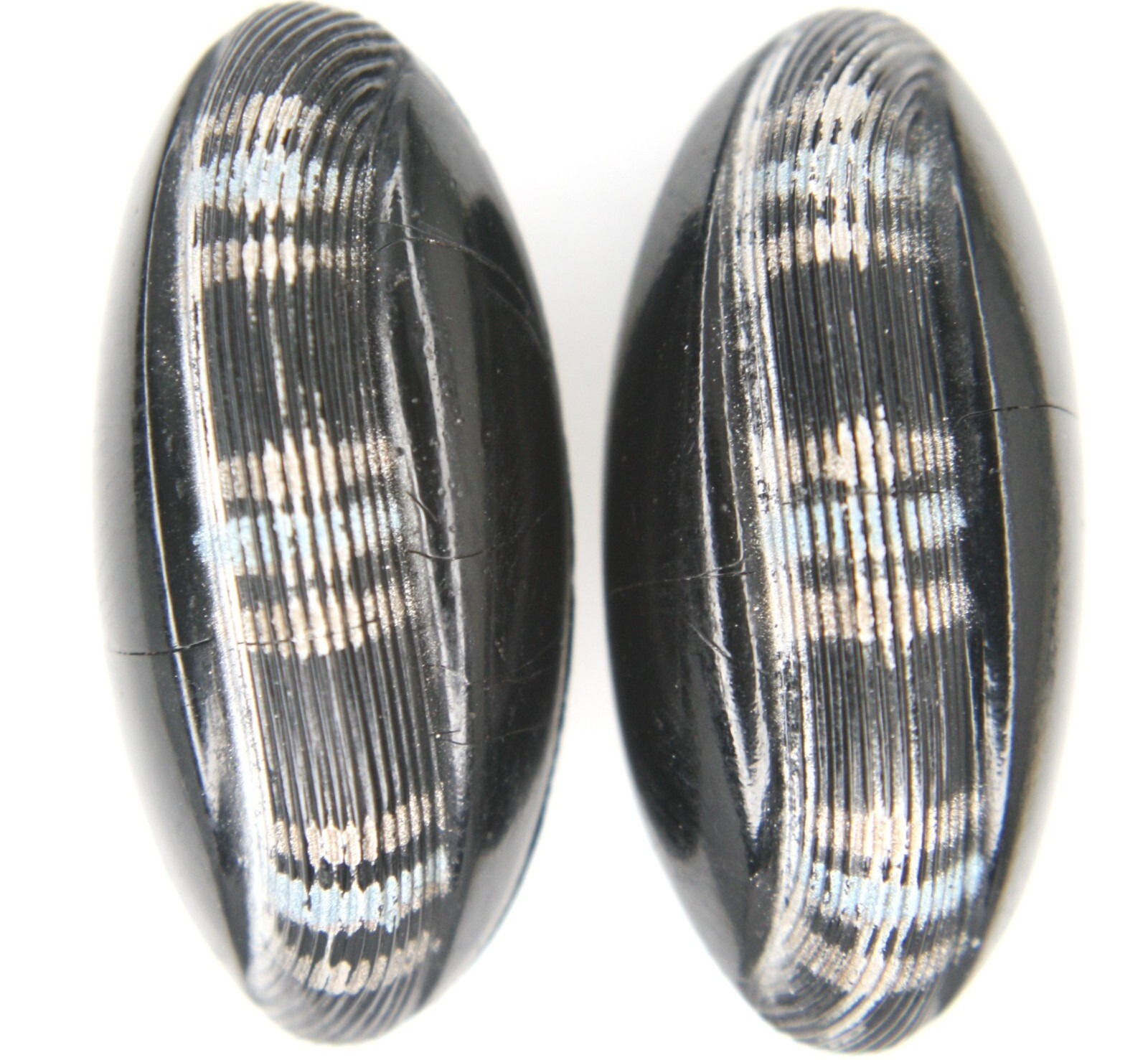 C1890 Antique Victorian Black Glass Oval Button Painted Geometric LOT Set Pair