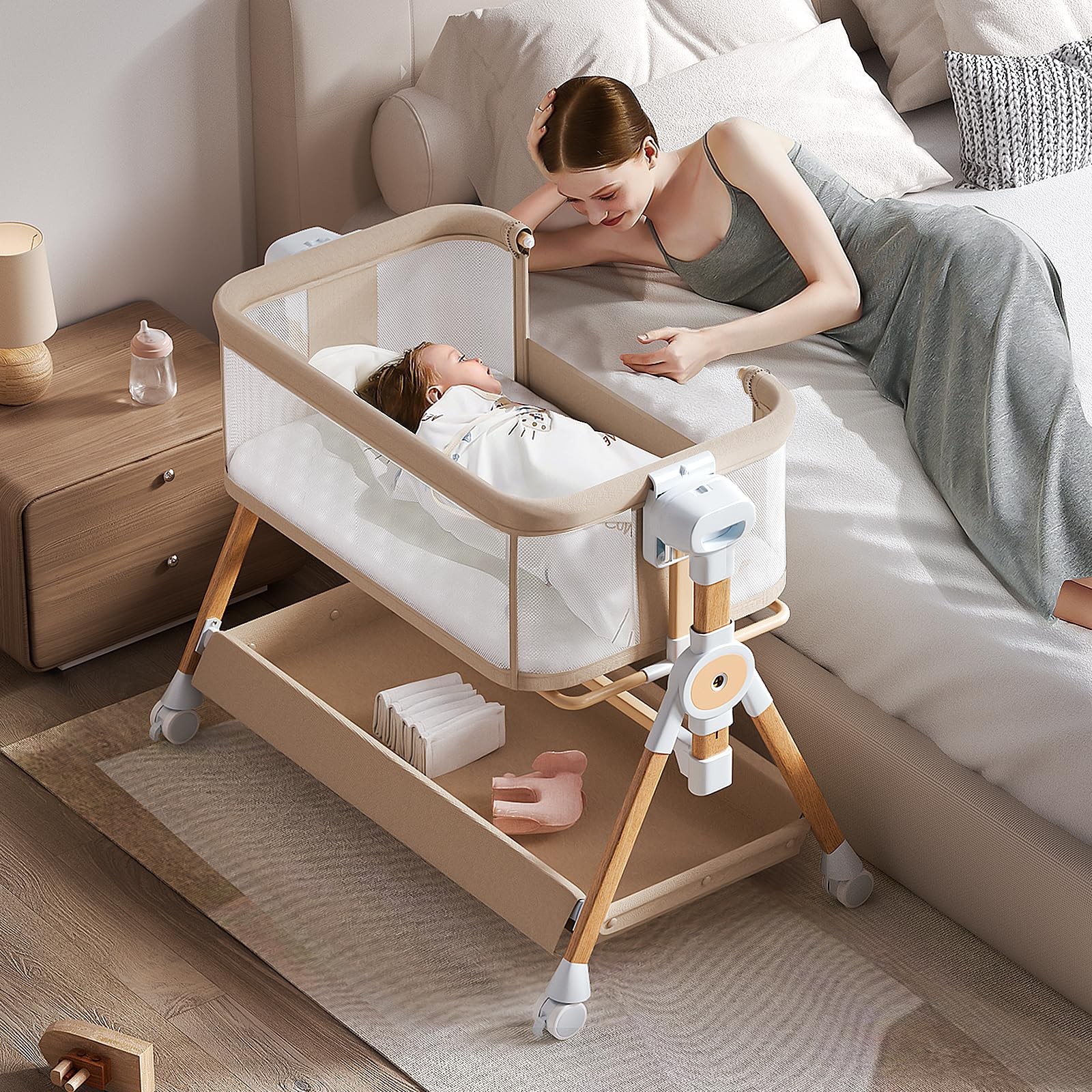 Baby Bassinet,Bedside Bassinet for baby, Rocking bassinet with Storage Basket...