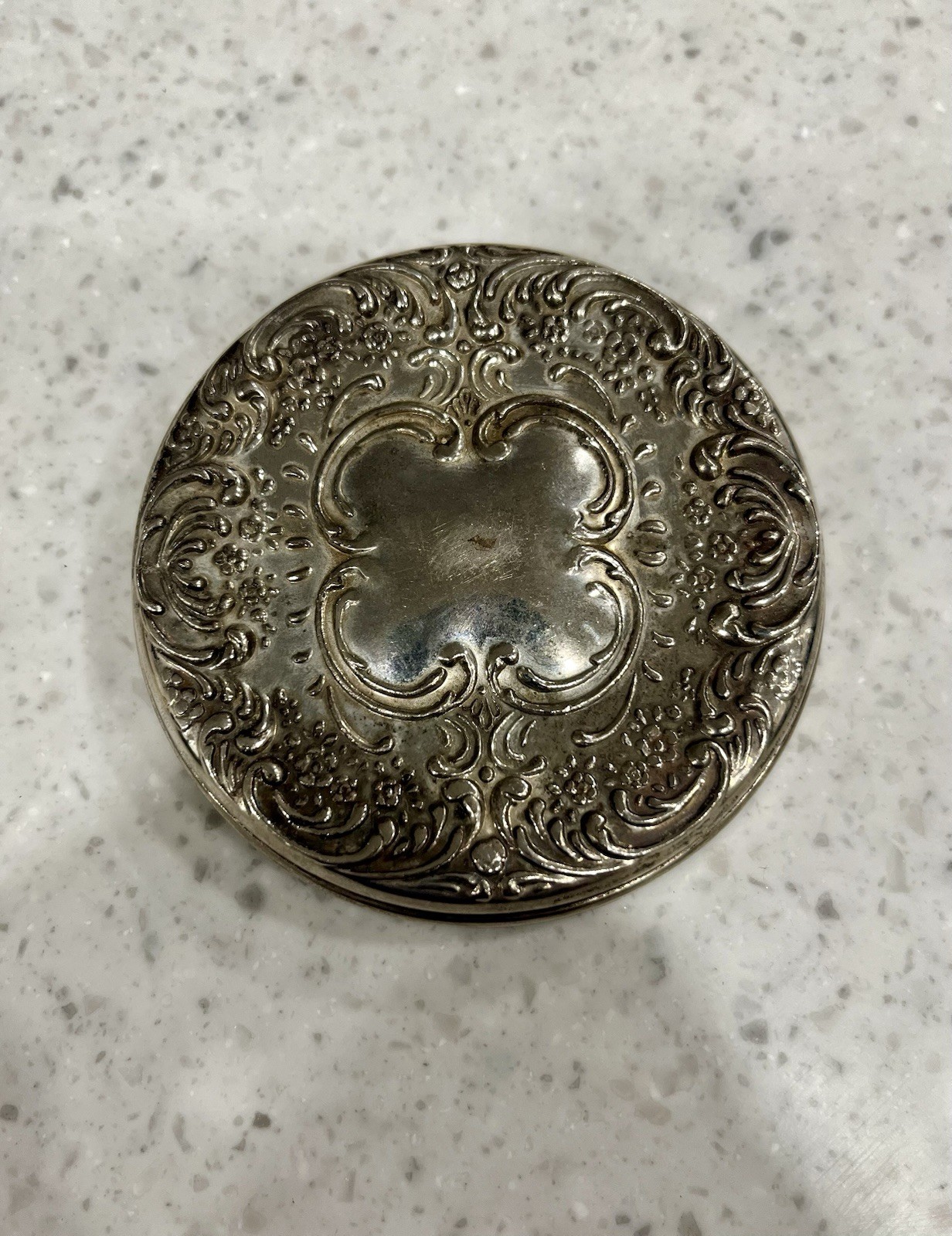 Vintage Round Silver Plated Ornate Hand Held Decorated Rim Mirror