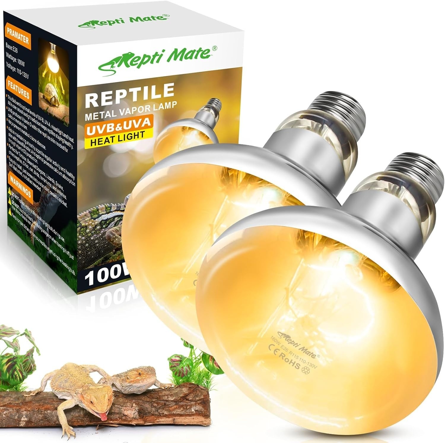 2 Pack 100W Reptile Heat Lamp Bulbs, Full Spectrum UVA/UVB Reptile Light Bulb an