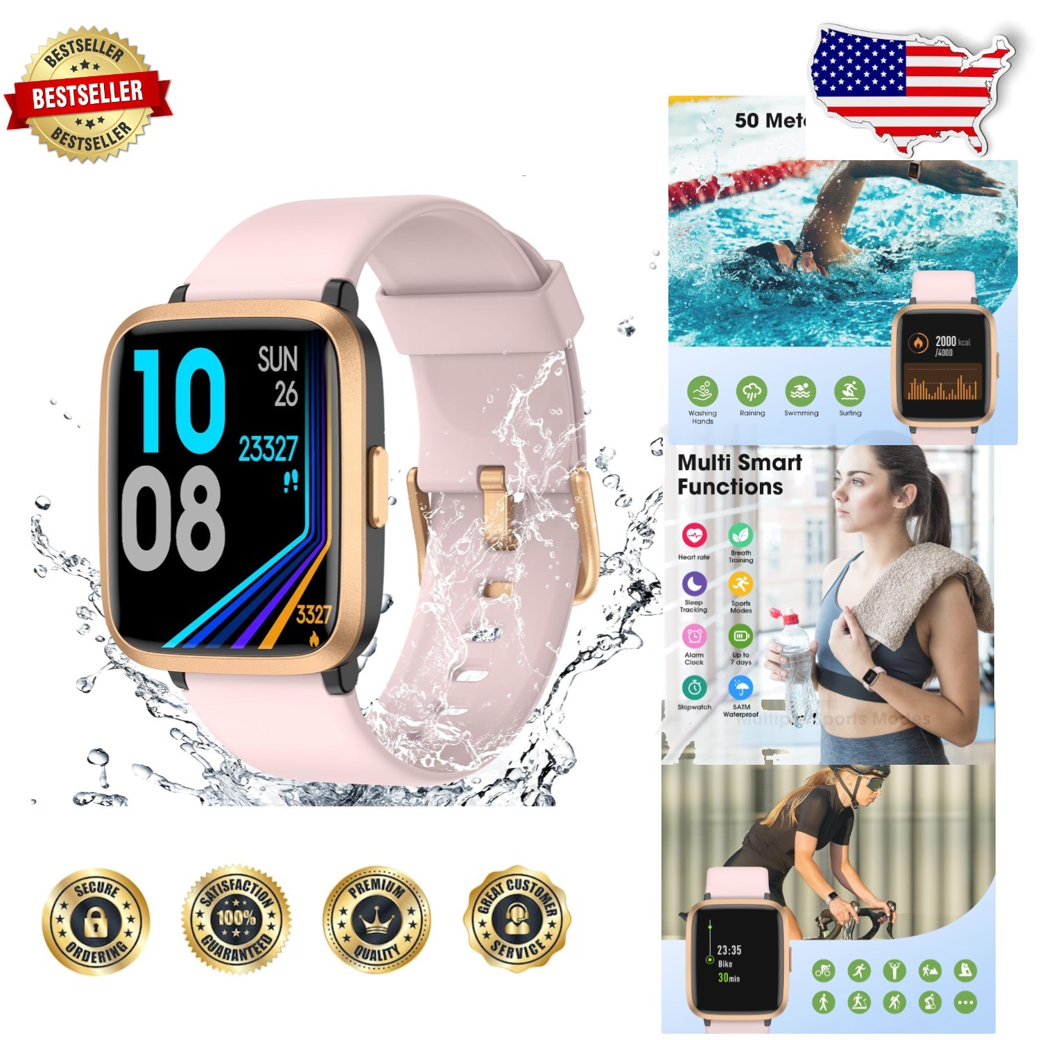 Light Pink Fitness Tracker Watch, Heart Rate Sleep Monitor, 5ATM Waterproof S...