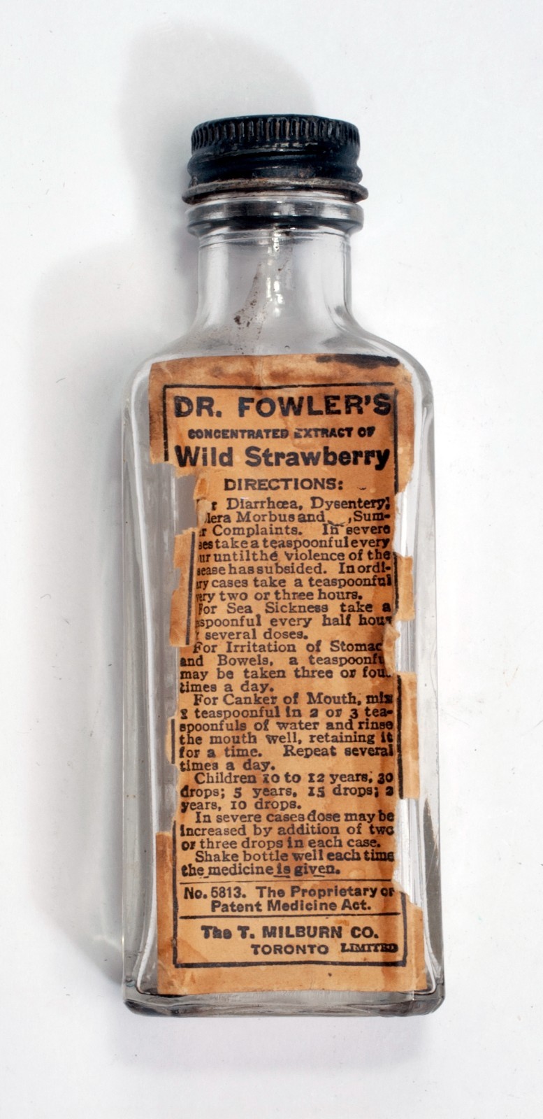 ANTIQUE DR. A. FOWLER'S WILD STRAWBERRY EXTRACT MEDICINE BOTTLE + Cap and Label