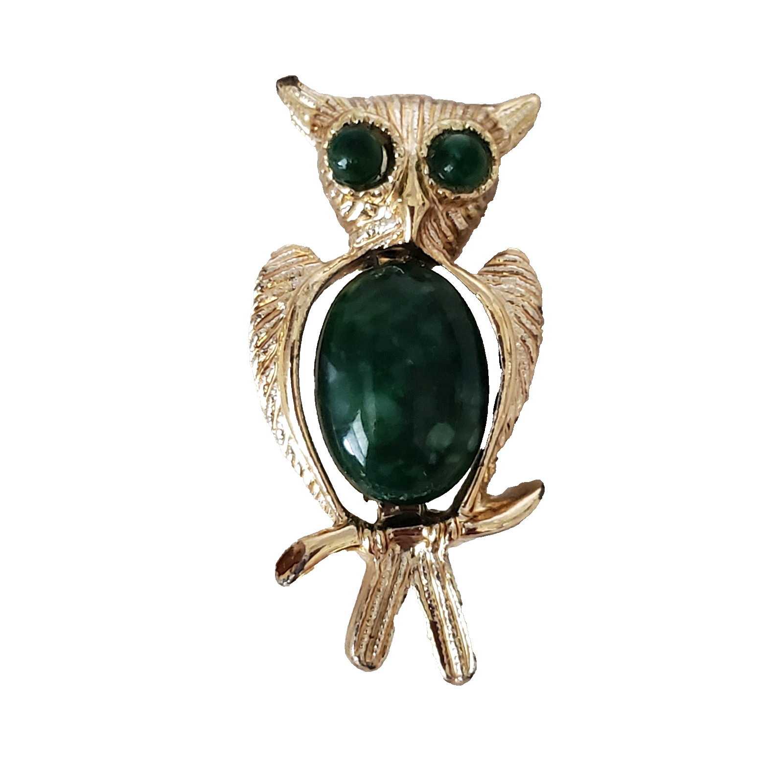 Vtg Owl Brooch Gold Tone Green Stone Eyes & Jelly Belly Pin Jade Colored Animal