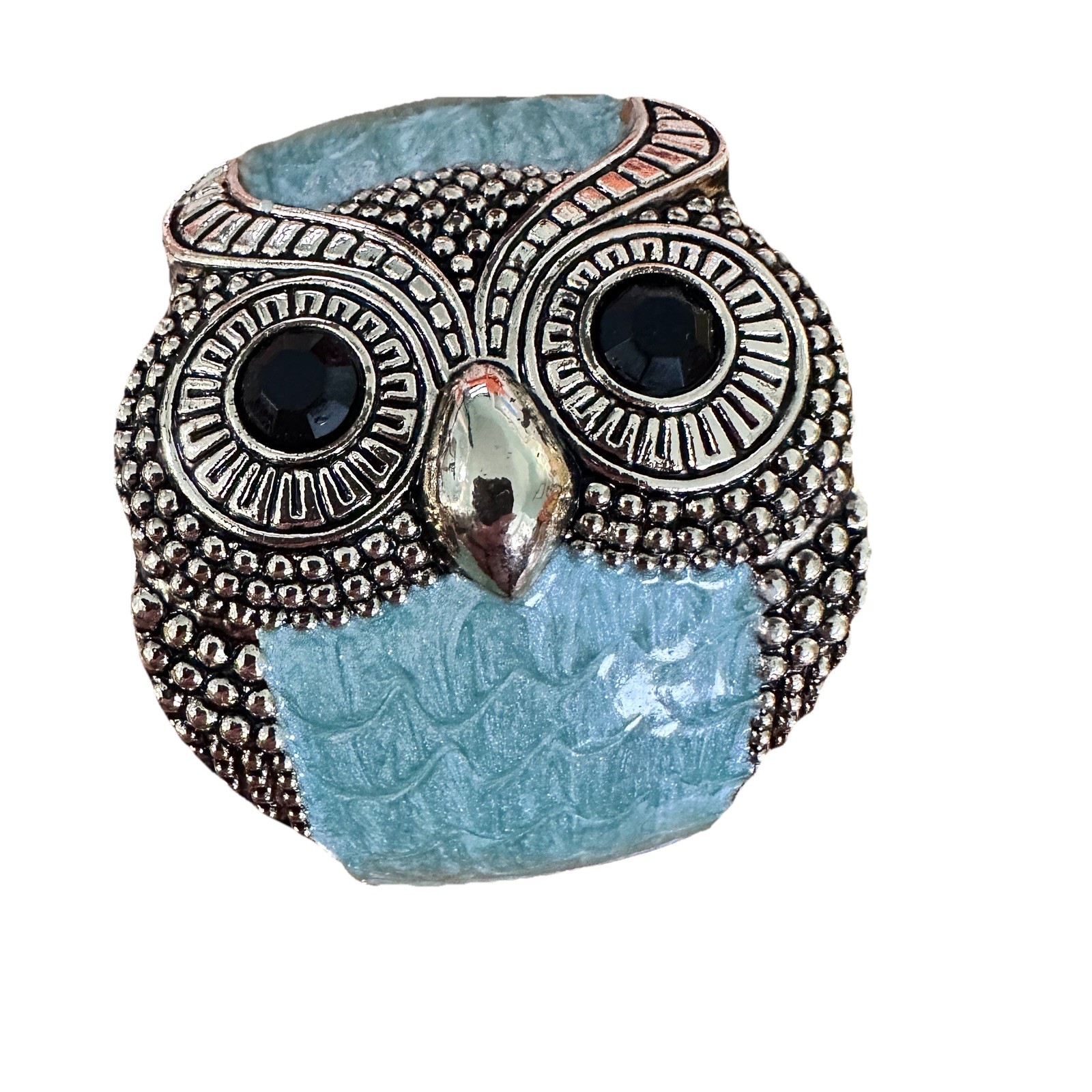 VTG Gold Tone Owl Wide Hinged Cuff Bracelet Blue Enamel & Black Rhinestone Eyes