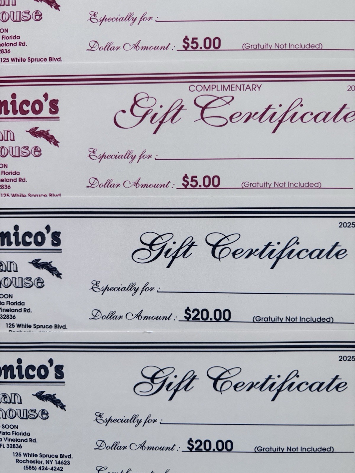 Delmonico’s Steakhouse Gift Cards $50 Value 