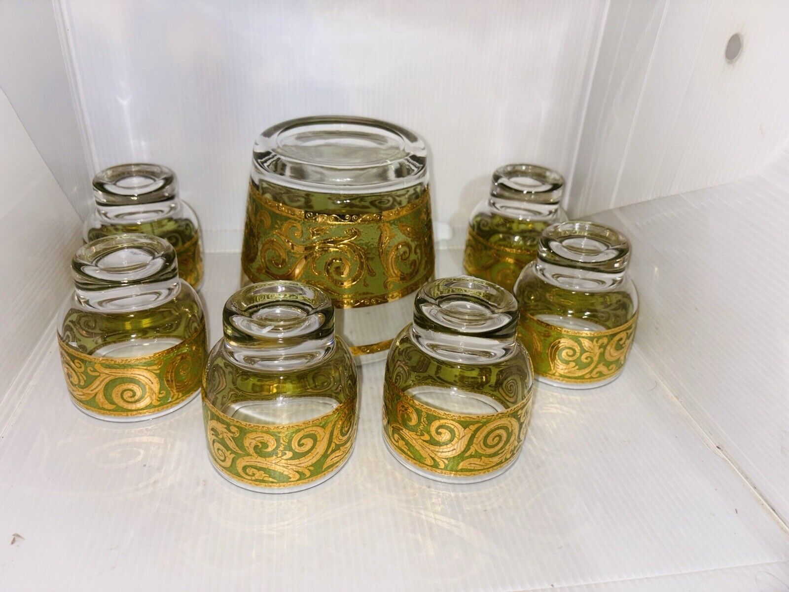 Vintage Culver Toledo Glass Ice Bucket & 6 Cups Mid Century MCM Green Gold Set