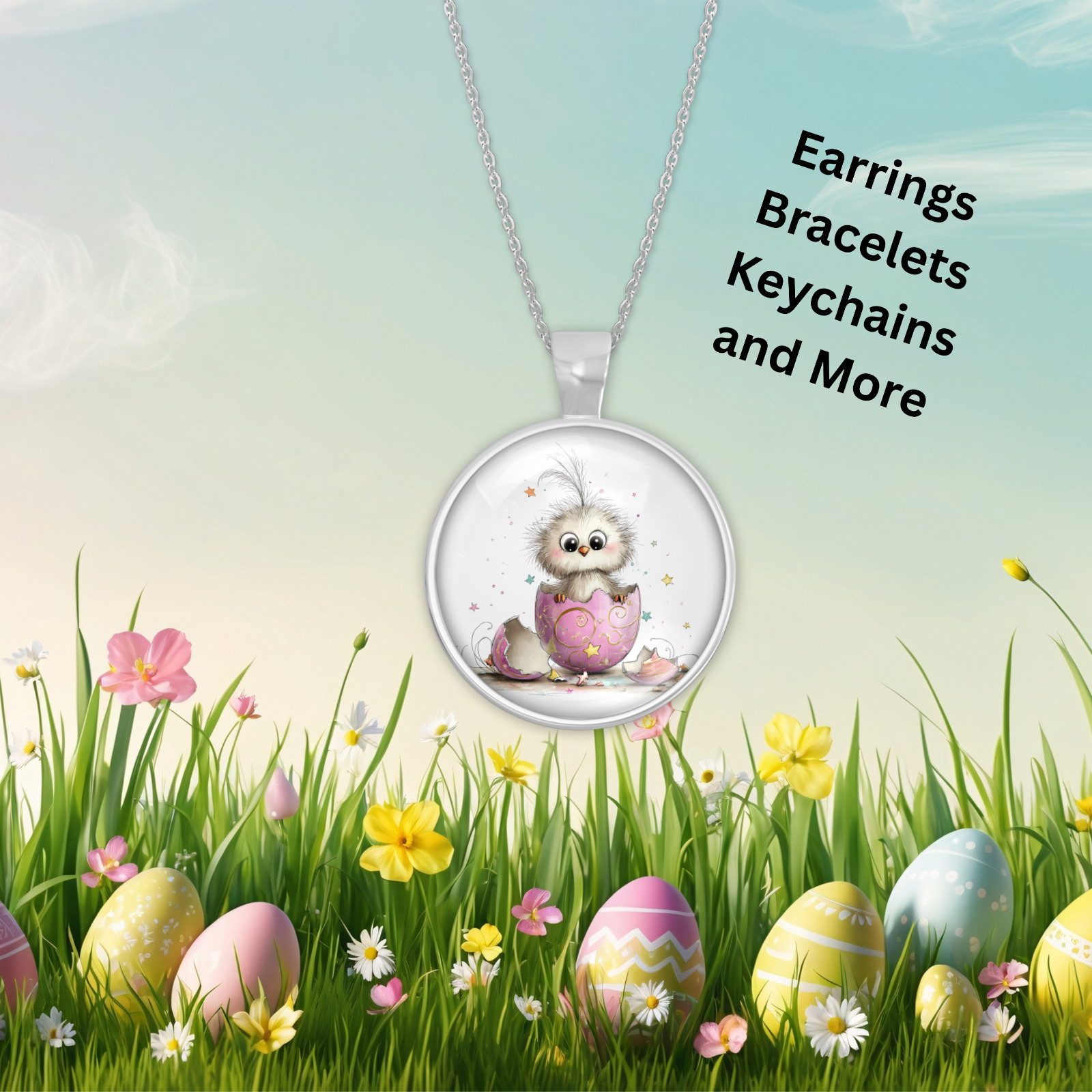 Easter Yellow Chick Spring Fun Art Silver Jewelry Necklace Set