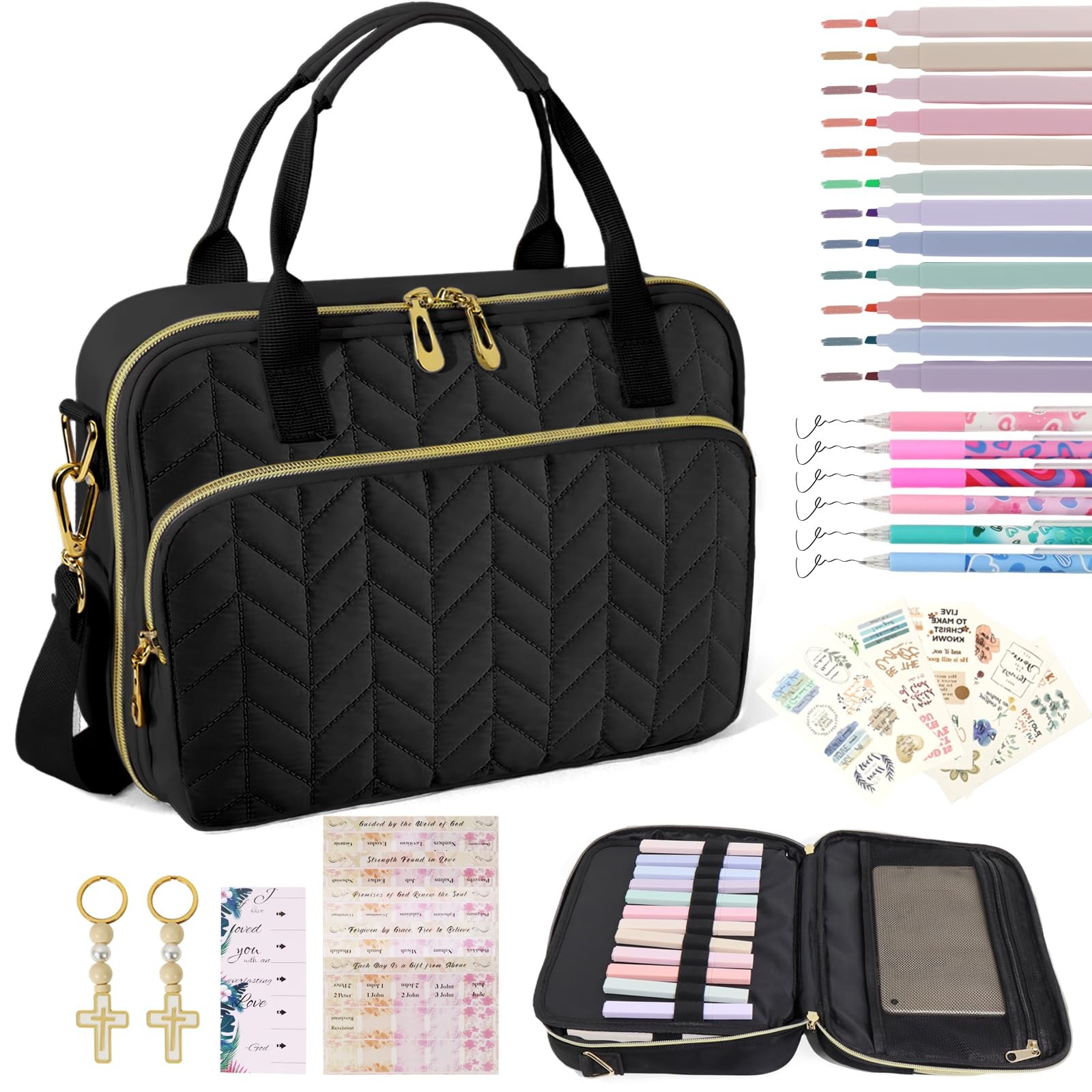 Bible Cover Case for Women, Large Qilted with one size, Black 