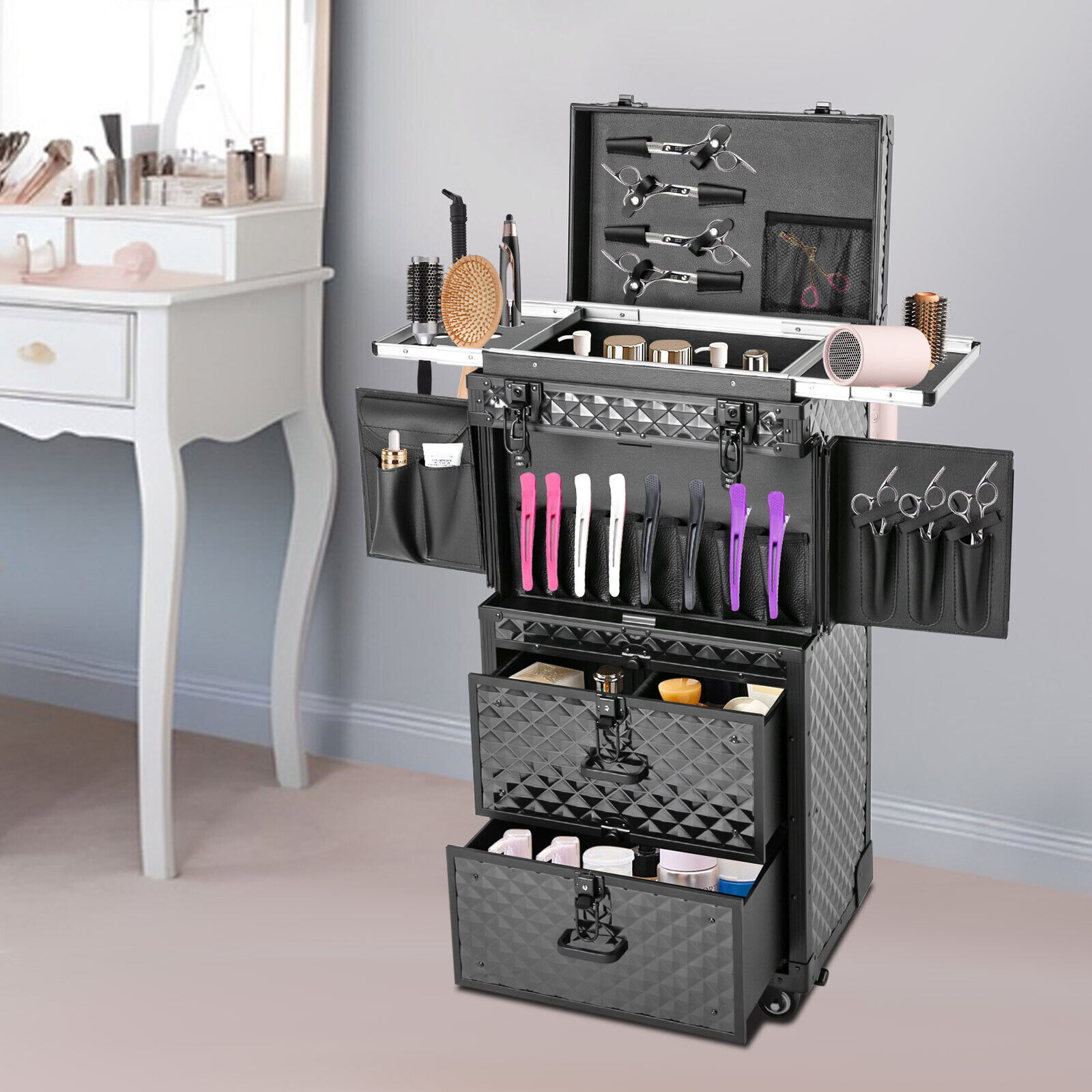 Lockable Rolling Makeup Train Case Hairdressing Cosmetic Travel Case with Wheels