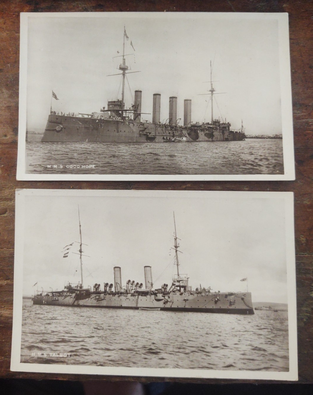 Antique RPPC , ( 2 ) HMS ships , Talbot & Good Hope , Real Photo , Not Posted