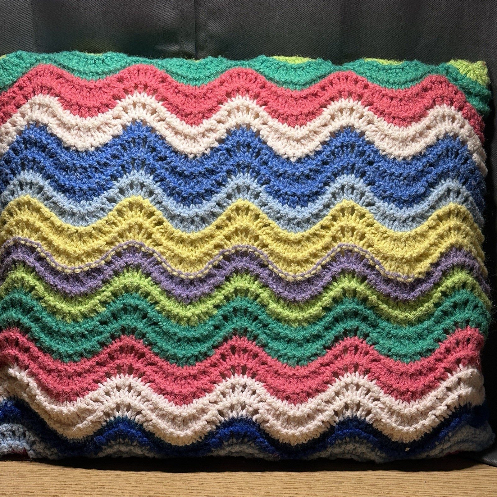 VTG Hand Crocheted Pillow 13” X 17”Rainbow BOHO Hippie Granny Cottage Retro