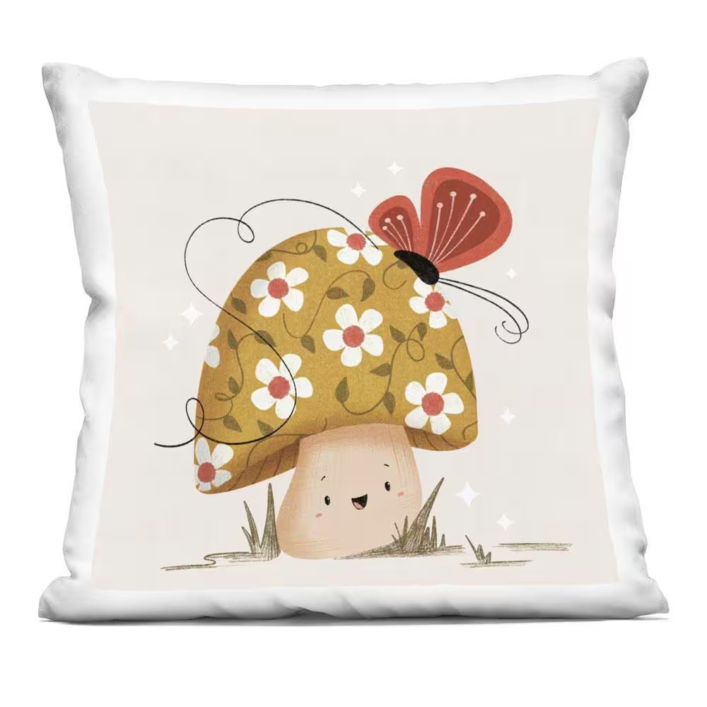 Happy Mushroom and Butterfly Yellow Abstract Polyester 18 In. X 18 In. Throw Pil