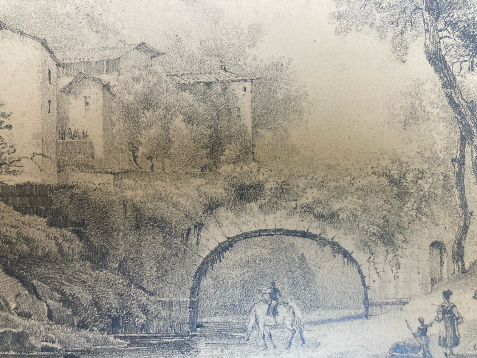 Très Beau Dessin XIXe 1850 mine de plomb crayon Paysage Pont Cheval Chevaux Art