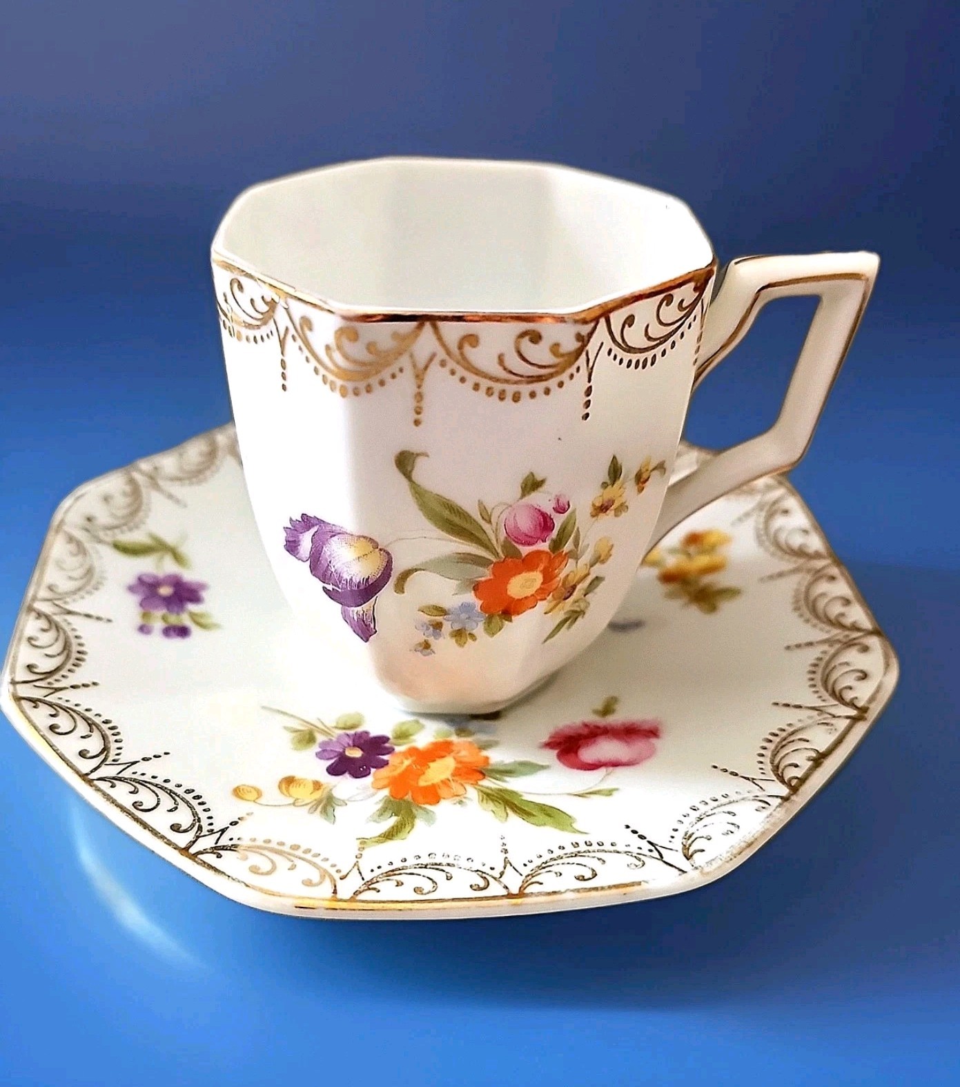  Antique Rosenthal Cup & Saucer Octoganl Deutsche  Blumen Flowers Painting  19C