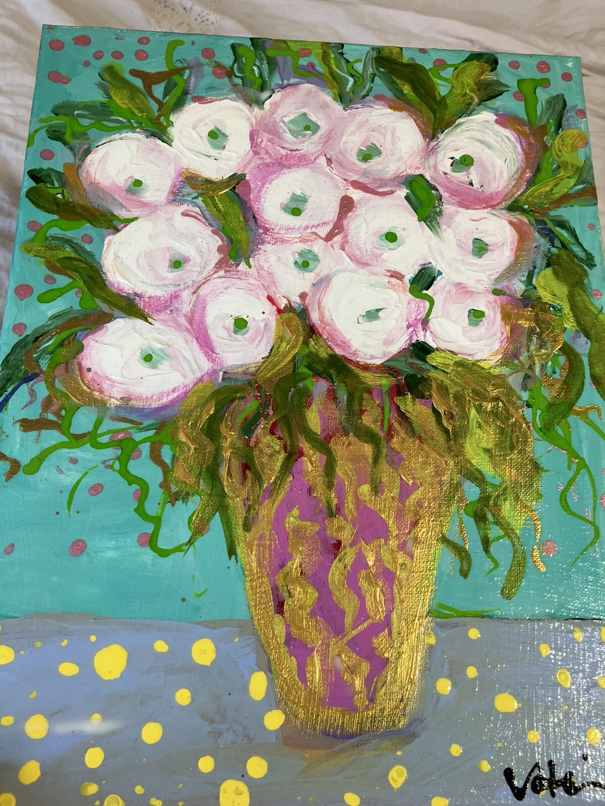 Pink Spring Peonies In Magenta Vase an Acrylic  Original Painting  14”x11”Canvas