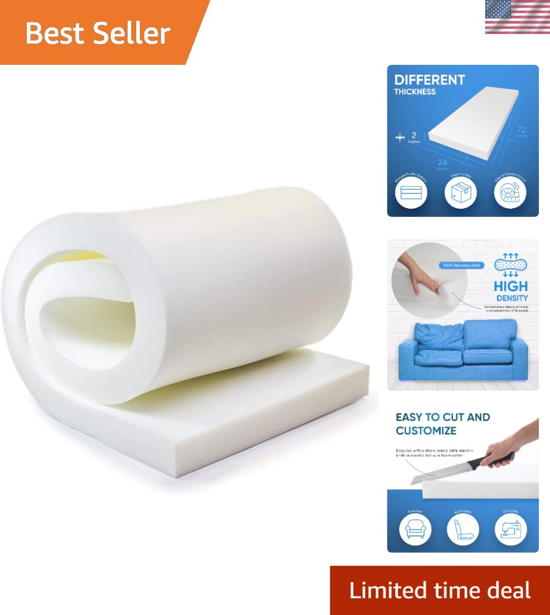 Versatile High-Density Furniture Cushion 2x24x72 - Perfect for Home & Business