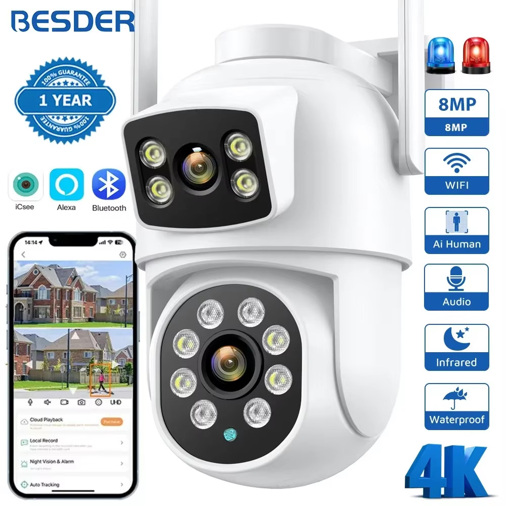 4K 8MP Wifi Camera PTZ Outdoor Dual Screens Human Detection Dual Lenses 4MP Secu