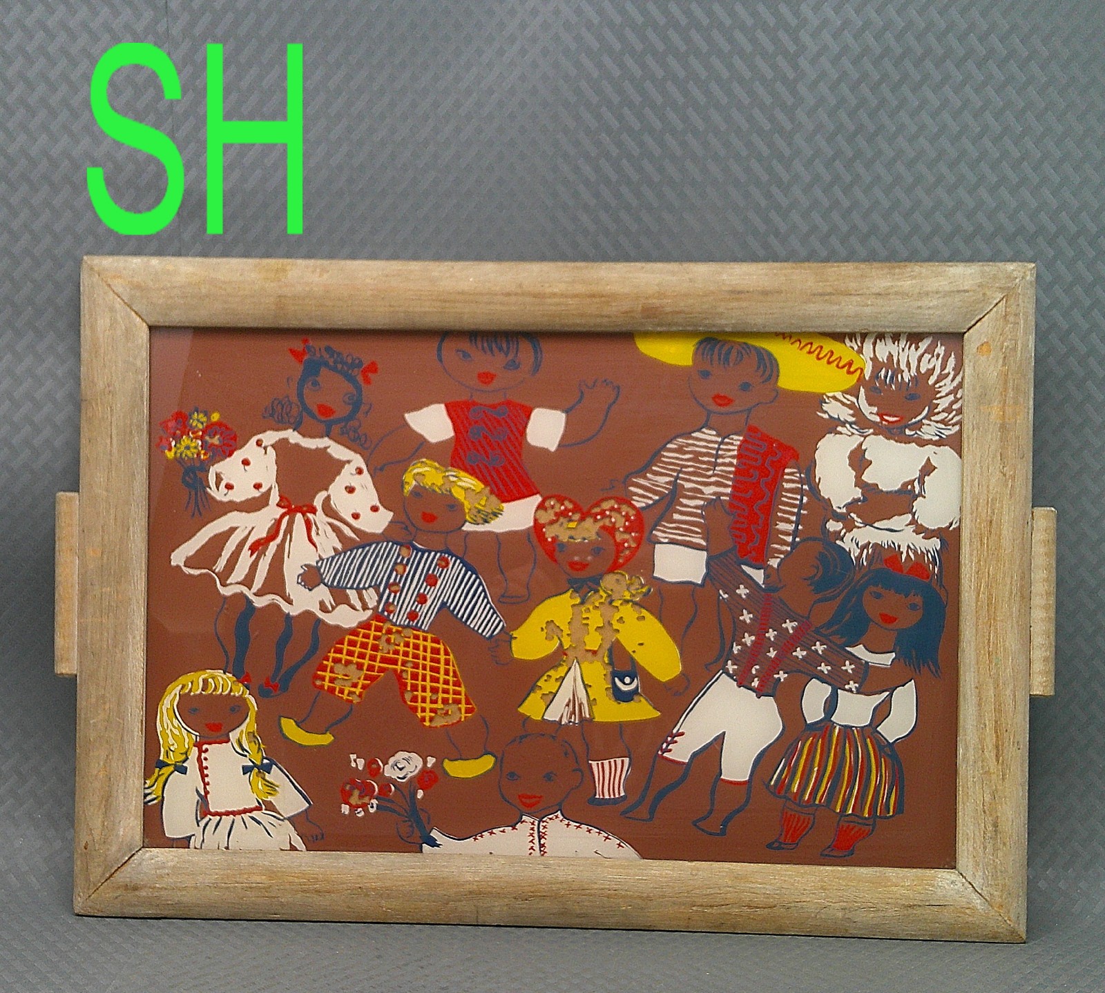 Vintage Mid Century Reverse Glass Painting Folk Art World Culture Children 20x14