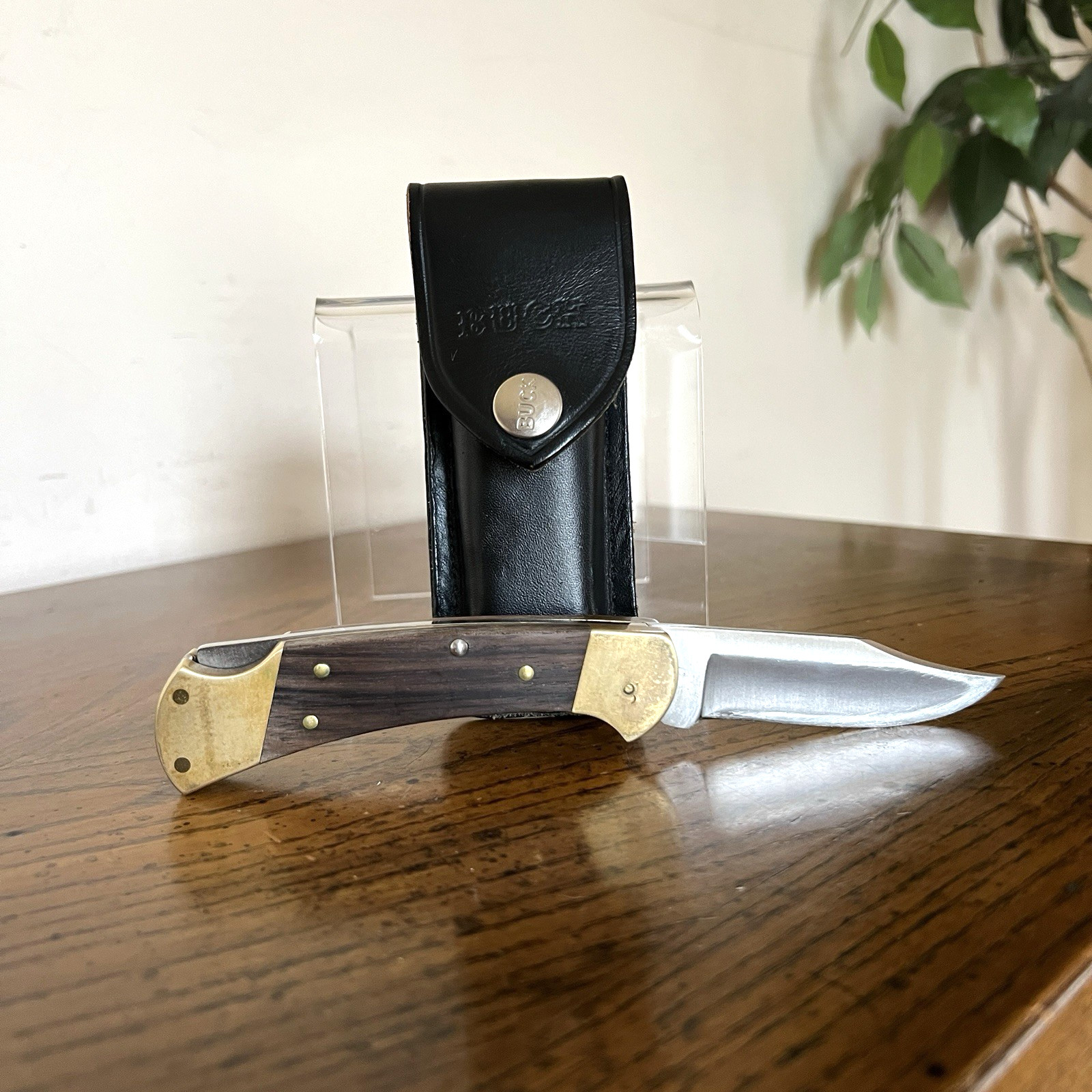 Vintage Buck 112 USA Folding Lockback Pocket Knife Wood Brass Leather Sheath