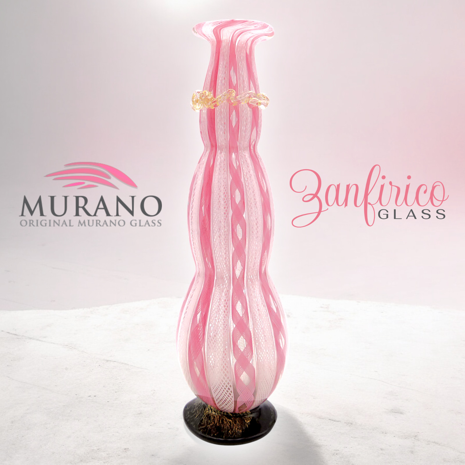 att. Fratelli Toso Decorative Bottle in Pink Murano Glass, White Ribbons,...