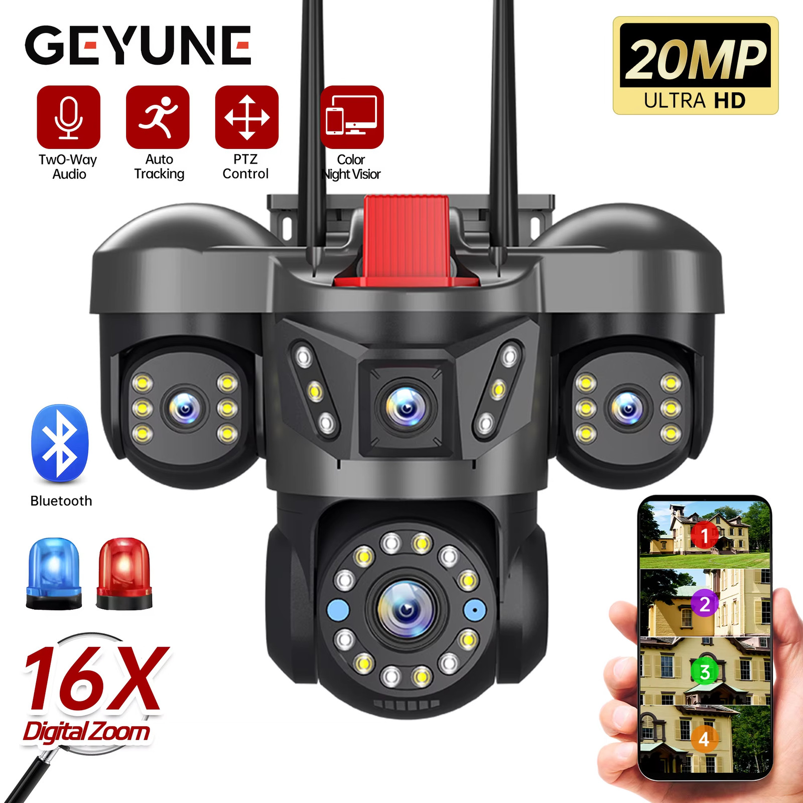 10K 20MP UHD Outdoor Wifi IP Camera 16X Zoom 4 Lens 4 Screens Ai Auto Tracking S