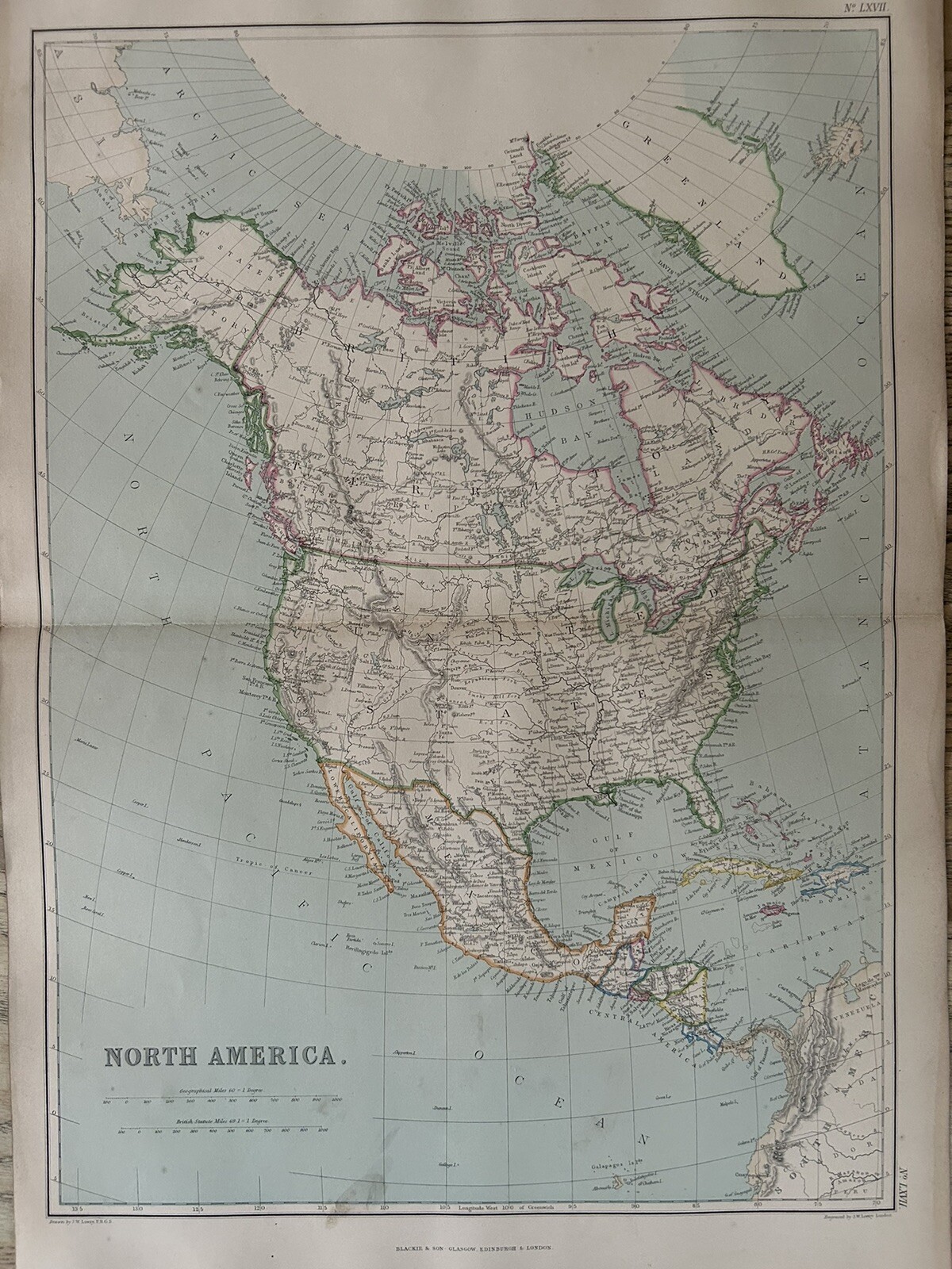 1872 North America Hand Coloured Original Antique Map By W.G. Blackie