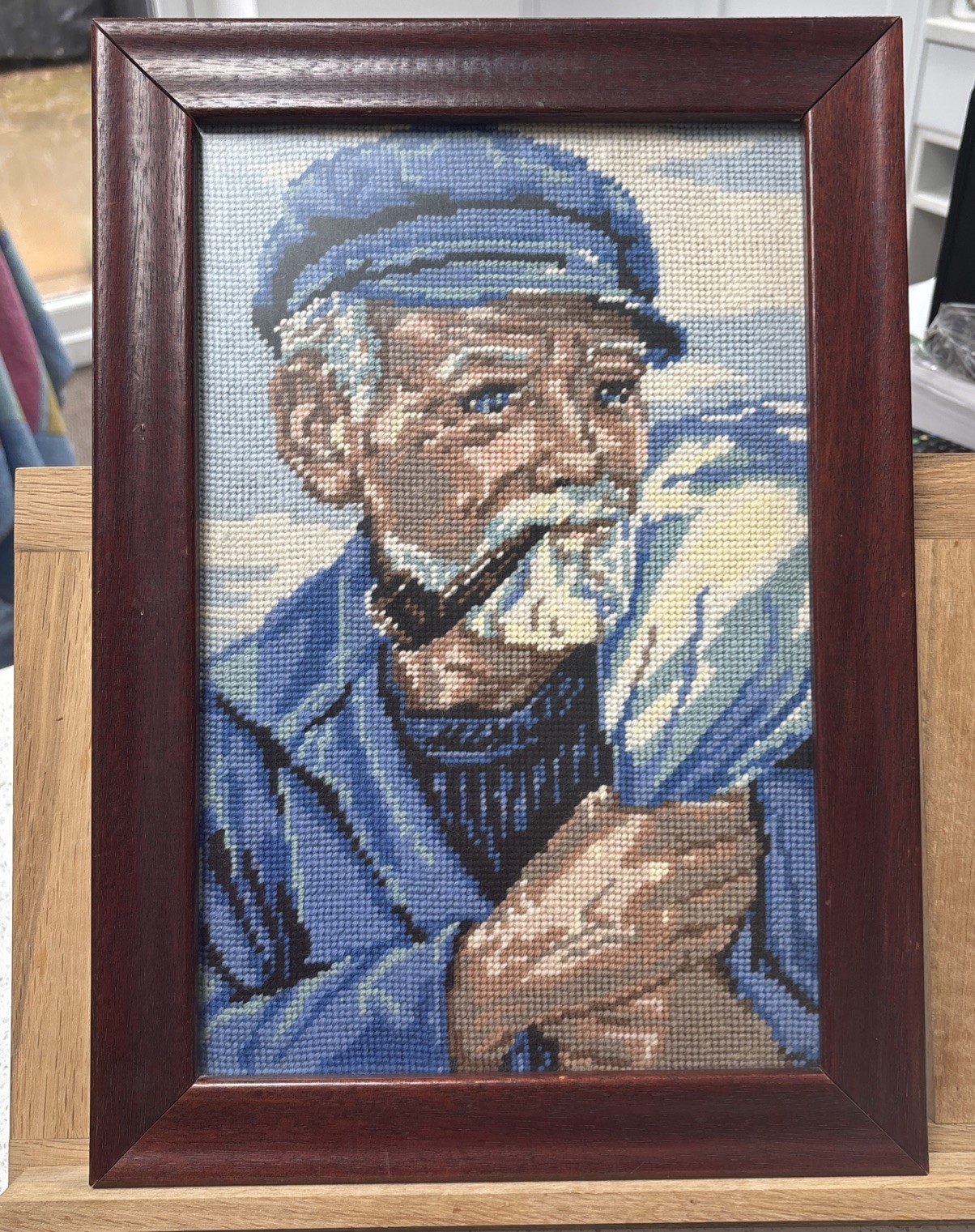 Framed Vintage Needlepoint Tapestry – Old Sailor Fisherman Portrait Nautical Art