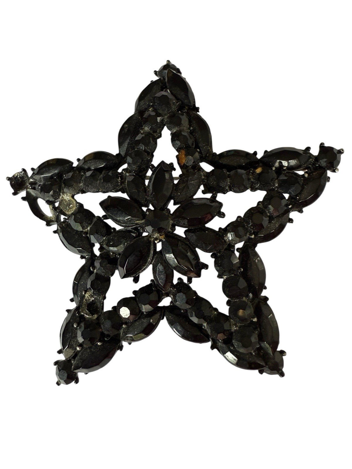 Vintage Weiss Large Star Brooch Black Jet Rhinestone Japanned Metal Pin Missing
