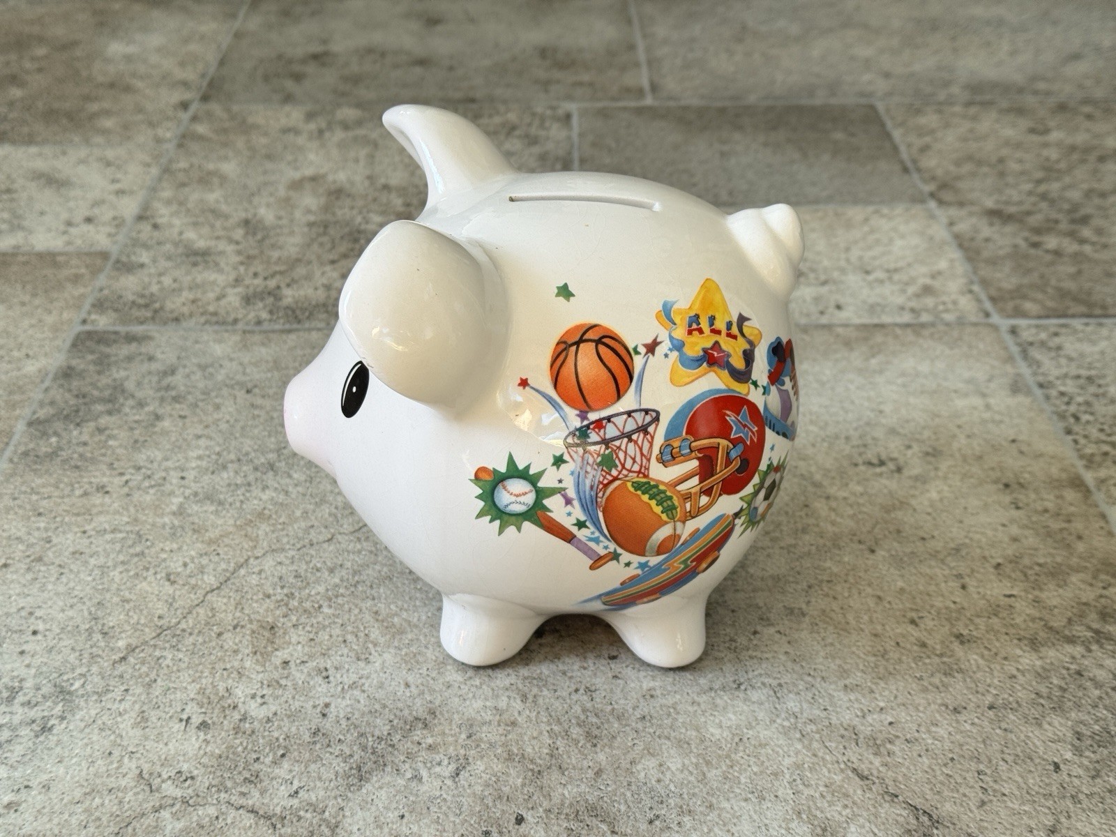 Vintage Pecoware Sports Piggy Bank | Ceramic Pig Coin Bank | Basketball Football