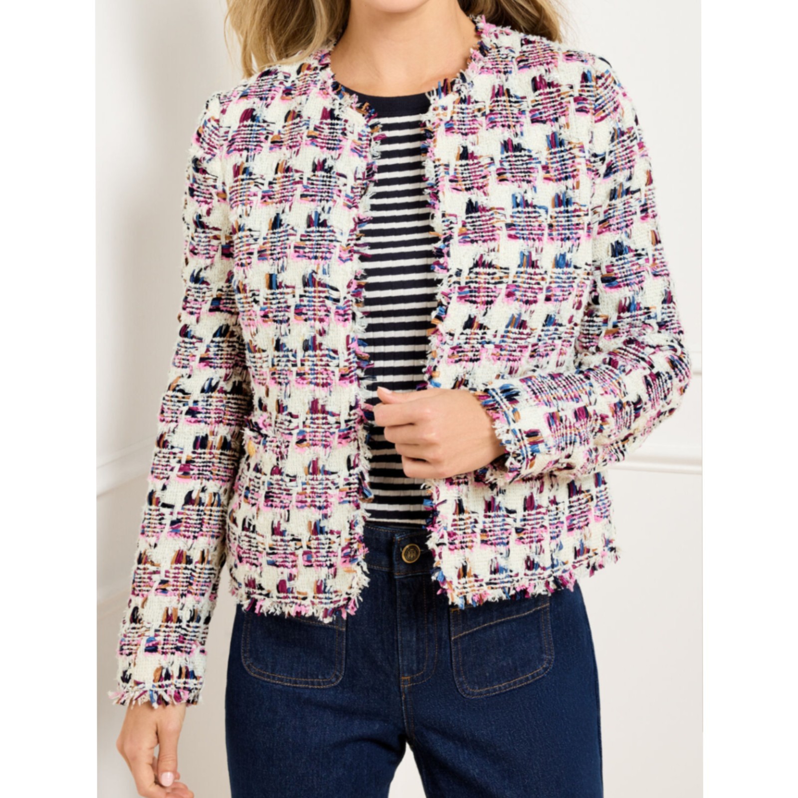 Talbots Collarless Tweed Blazer Multicolored Short Length Women's 14 P