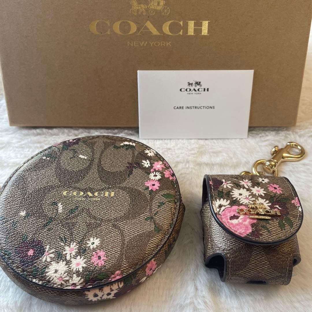 Coach Floral Round Coin Case & Earphone Case 10cm Brown Pink Used Accessories