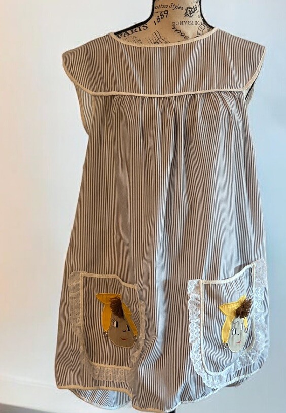 Vintage Blue Striped Apron Shirt Women's Large Embroidered Girl Hair 1950-60s-