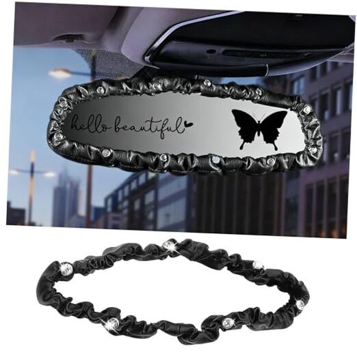 3 PCS Bling Bling Rearview Mirror Cover, Elastic PU Leather Auto Rear Black