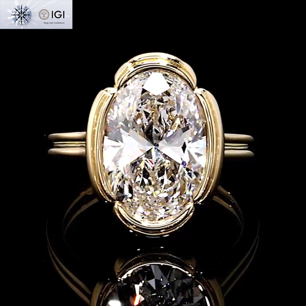 IGI 5.00Ct E VVS2 Oval Lab Grown Diamond Bezel Engagement Ring 14K Yellow Gold