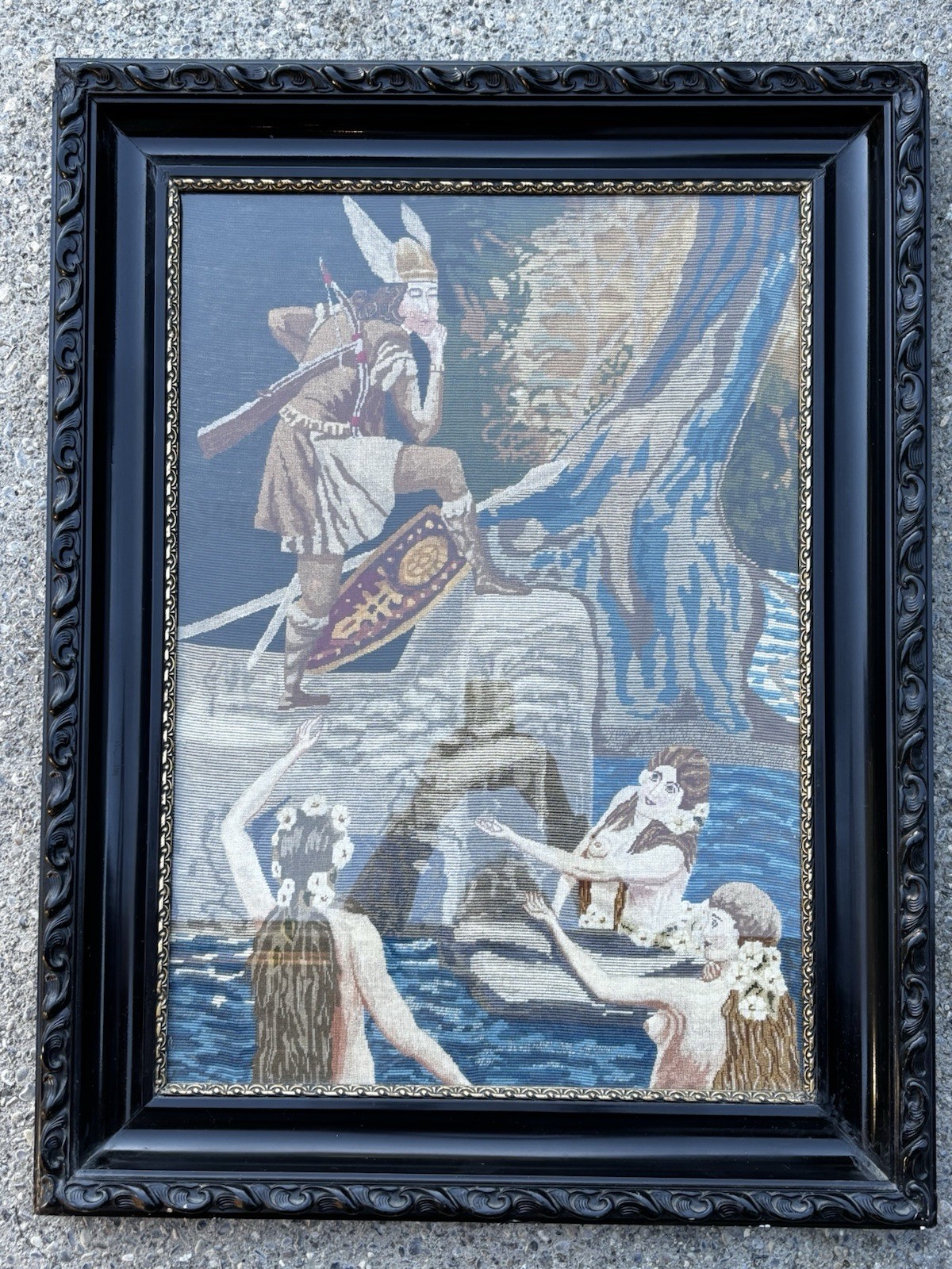 Antique Black Wood Framed Needlepoint Tapestry Hermes God Nymphs Art 38” Large