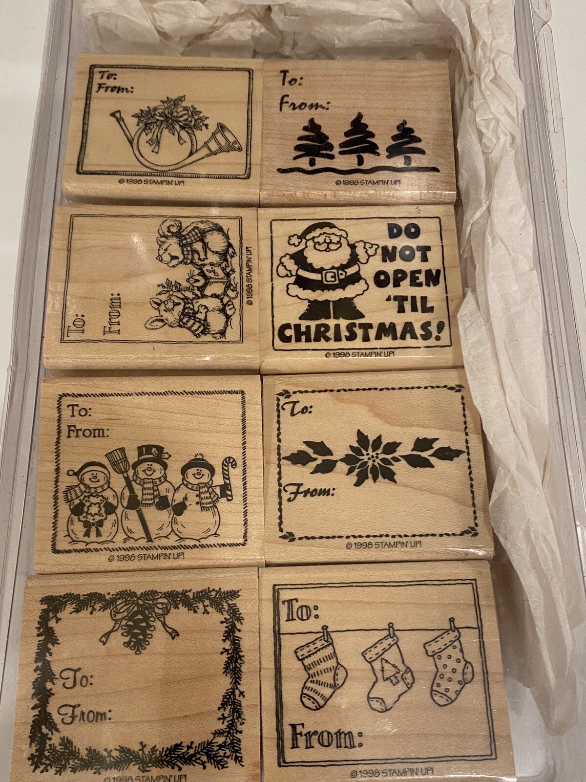 8 Lot Wooden Block Rubber Ink Stamps Gift Tags Christmas New In Box Never Used