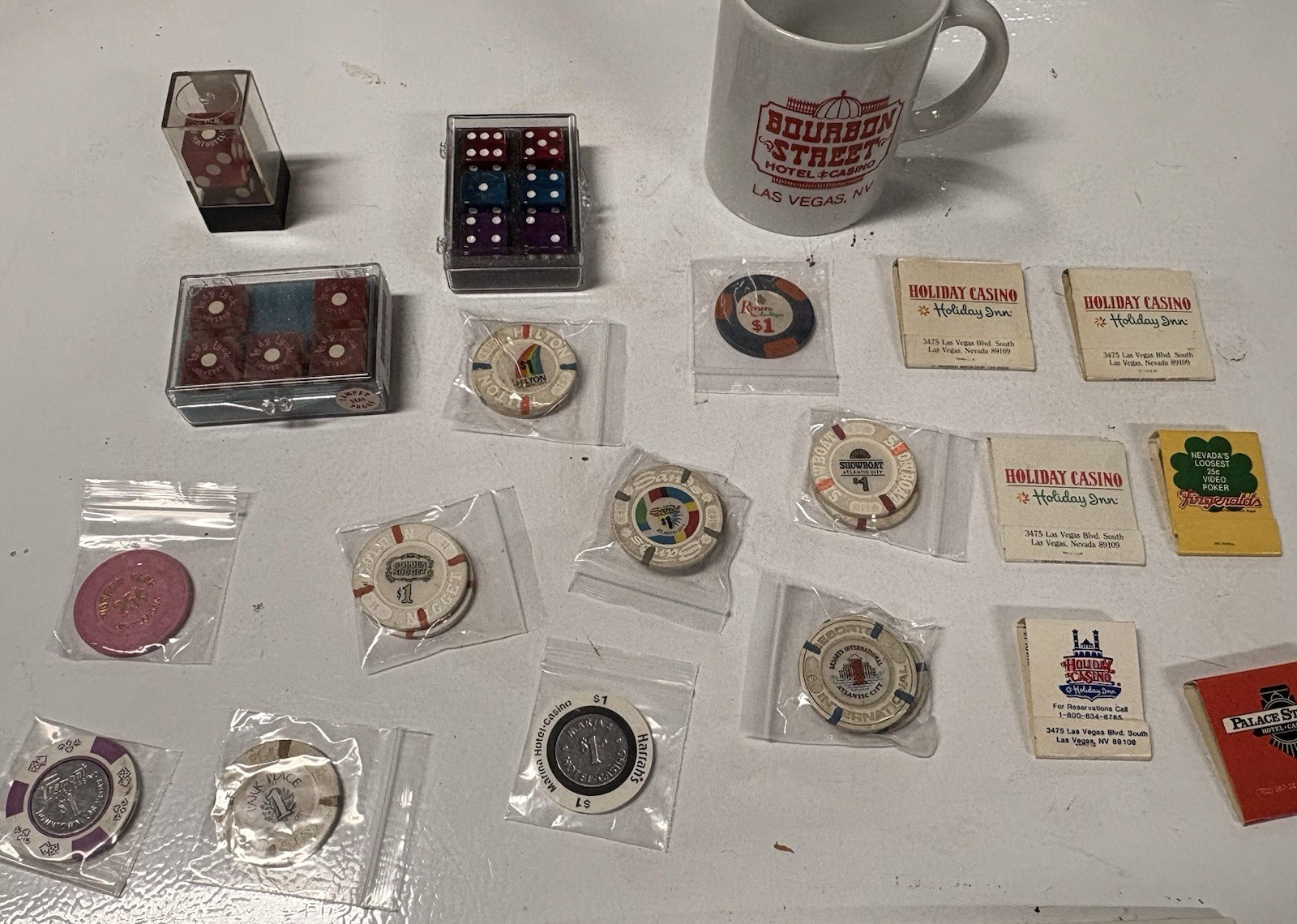 Vintage Las Vegas | Atlantic City Casino Lot! 17 Chips 6 Matches 3 Dice 1 Mug!
