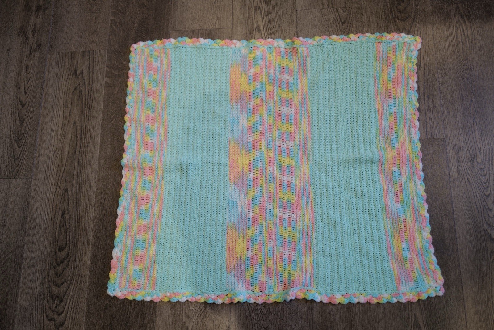 Handmade Crochet Baby Blanket Pastel Teal Rainbow Scallop Edge 31x27 Afghan
